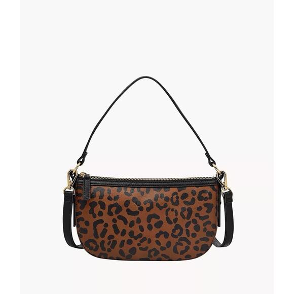 Fossil Jolie Leather Small Crossbody Purse Leopard Print Brown - Picture 1 of 14